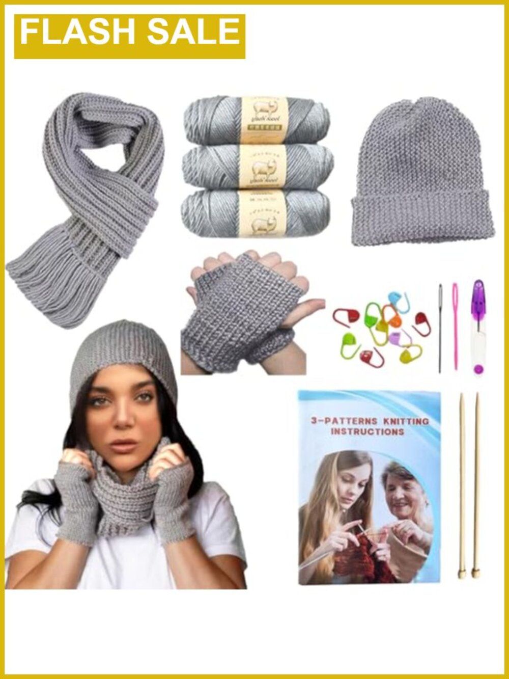 Beginner Knitting Kit Adults Wool Yarn Bamboo Needles Stitch Markers Guide